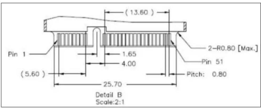 (13.60) Pin 1 (5.60) 1.65 4.00 25.70 Detail B Scale:2:1 2-R0.80 [Max.] Pin 51 Pitch: 0.80