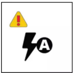 Warning symbol with exclamation mark, lightning bolt, and letter A inside a square frame