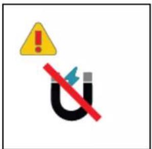 Warning sign with warning triangle, yellow warning symbol, and U-shaped magnet with red diagonal line indicating no current.
