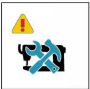 Warning symbol with a yellow warning triangle, a hammer crossed over a gear, and a blue checkmark, indicating hazard or hazard.
