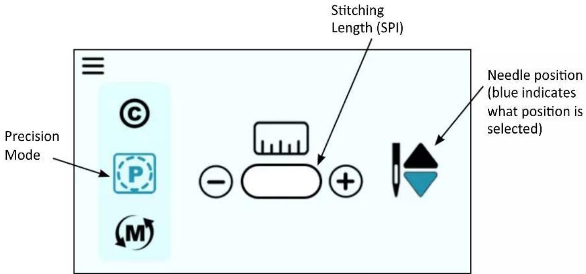 Stitching Length (SPI) Precision Mode Needle position (blue indicates what position is selected)