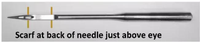 Scarf at back of needle just above eye