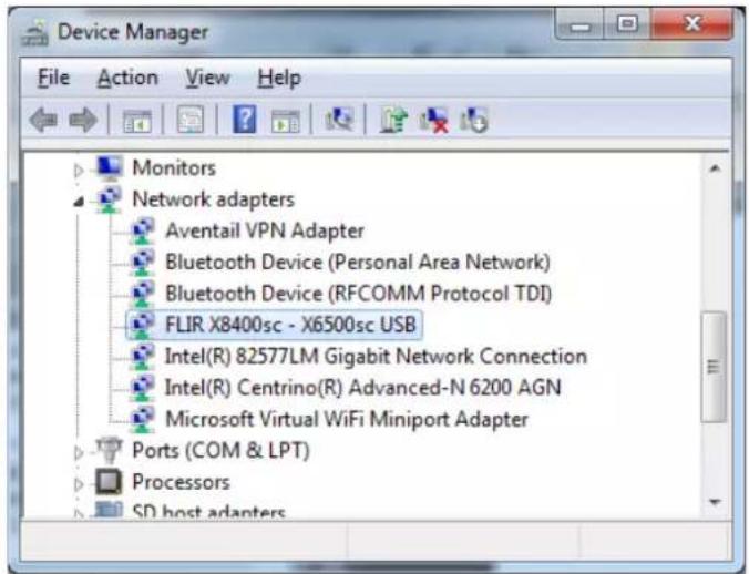 Device Manager File Action View Help Monitors Network adapters Aventail VPN Adapter Bluetooth Device (Personal Area Network) Bluetooth Device (RFCOMM Protocol TDI) FLIR X8400sc - X6500sc USB Intel(R) 82577LM Gigabit Network Connection Intel(R) Centrino(R) Advanced-N 6200 AGN Microsoft Virtual WiFi Miniport Adapter Ports (COM & LPT) Processors SD host adapters
