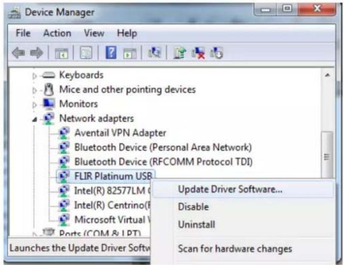 Device Manager File Action View Help Keyboards Mice and other pointing devices Monitors Network adapters Aventail VPN Adapter Bluetooth Device (Personal Area Network) Bluetooth Device (RFCOMM Protocol TDI) FLIR Platinum USB Intel(R) 82577LM Intel(R) Centrino(R) Microsoft Virtual V Ports (COM & LPT) Update Driver Software... Disable Uninstall Scan for hardware changes Launches the Update Driver Softw