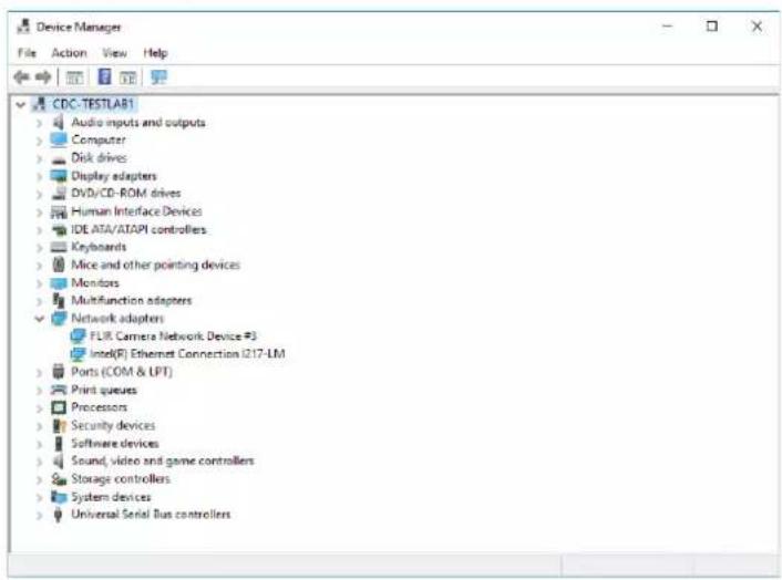Device Manager File Action View Help CDC-TESTLAB1 Audio inputs and outputs Computer Disk drives Display adapters DVD/CD-ROM drives Human Interface Devices IDE ATA/ATAPI controllers Keyboards Mice and other pointing devices Monitors Multifunction adapters Network adapters FLIR Camera Network Device #3 Intel(R) Ethernet Connection I217-LM Ports (COM & LPT) Print queues Processors Security devices Software devices Sound, video and game controllers Storage controllers System devices Universal Serial Bus controllers