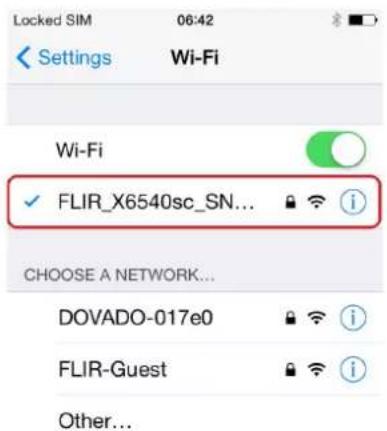 Locked SIM 06:42 Settings Wi-Fi Wi-Fi FLIR_X6540sc_SN... CHOOSE A NETWORK... DOVADO-017e0 FLIR-Guest Other...