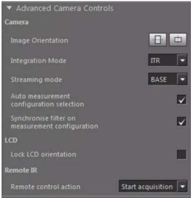 Advanced Camera Controls Camera Image Orientation Integration Mode ITR Streaming mode BASE Auto measurement configuration selection Synchronise filter on measurement configuration LCD Lock LCD orientation Remote IR Remote control action Start acquisition