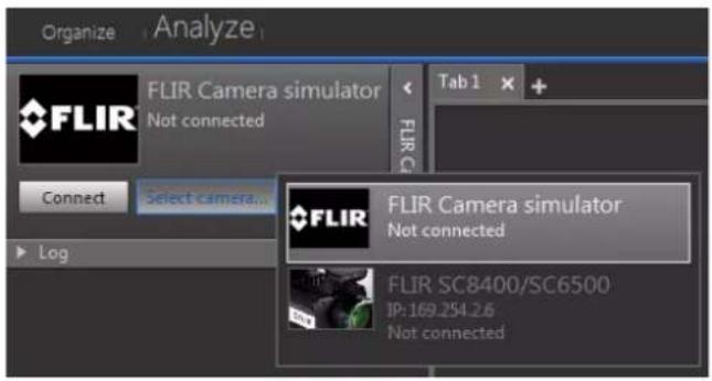Organize Analyze FLIR Camera simulator Not connected Tab 1 + FLIR Camera simulator Not connected FLIR SC8400/SC6500 JP: 169.254.2.6 Not connected