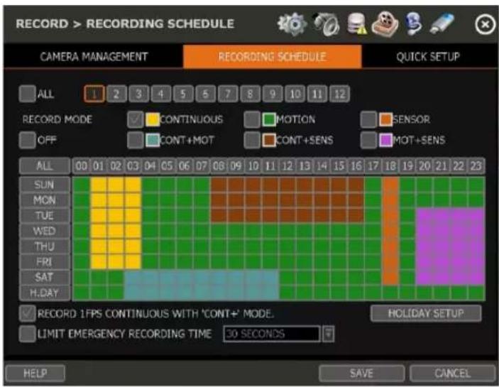 RECORD > RECORDING SCHEDULE CAMERA MANAGEMENT RECORDING SCHEDULE QUICK SETUP ALL 1 2 3 4 5 6 7 8 9 10 11 12 RECORD MODE CONTINUOUS MOTION SENSOR OFF CONT+MOT CONT+SENS MOT+SENS ALL 00 01 02 03 04 05 06 07 08 09 10 11 12 13 14 15 16 17 18 19 20 21 22 23 SUN MON TUE WED THU FRI SAT H.DAY RECORD 1FPS CONTINUOUS WITH 'CONT+' MODE. LIMIT EMERGENCY RECORDING TIME 30 SECONDS HOLIDAY SETUP HELP SAVE CANCEL