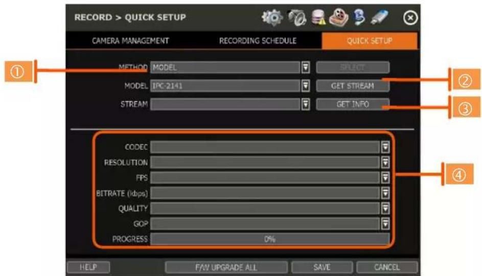 RECORD > QUICK SETUP CAMERA MANAGEMENT RECORDING SCHEDULE QUICK SETUP METHOD MODEL SELECT MODEL IPC-2141 GET STREAM STREAM GET INFO CODEC RESOLUTION FPS BITRATE (kbps) QUALITY GOP PROGRESS 0% HELP FAV UPGRADE ALL SAVE CANCEL