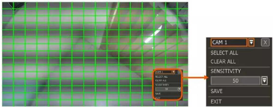 CAM 1 SELECT ALL CLEAR ALL SENSITIVITY 50 SAVE EXIT