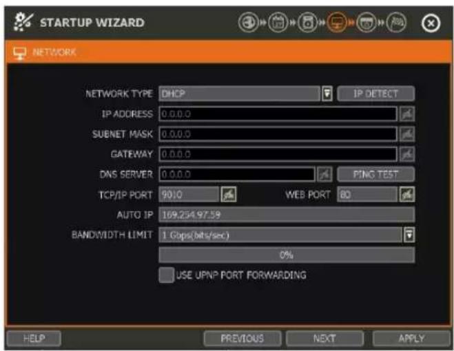 STARTUP WIZARD NETWORK NETWORK TYPE DHCP IP DETECT IP ADDRESS 0.0.0.0 SUBNET MASK 0.0.0.0 GATEWAY 0.0.0.0 DNS SERVER 0.0.0.0 PING TEST TCP/IP PORT 9010 WEB PORT 80 AUTO IP 169.254.97.59 BANDWIDTH LIMIT 1 Gbps(bits/sec) 0% USE UPNP PORT FORWARDING HELP PREVIOUS NEXT APPLY