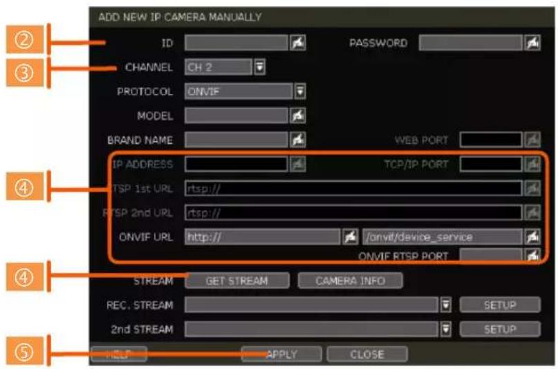 ADD NEW IP CAMERA MANUALLY ID CHANNEL ONVIF MODEL BRAND NAME IP ADDRESS TCP/IP PORT TSP 1st URL rtsp// RTSP 2nd URL rtsp// ONVIF URL http:// /onvif/device_service ONVIF RTSP PORT STREAM GET STREAM CAMERA INFO REC. STREAM SETUP 2nd STREAM SETUP HELP APPLY CLOSE