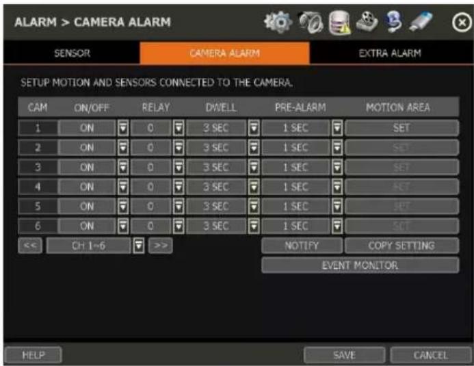 ALARM > CAMERA ALARM SENSOR CAMERA ALARM(EXTRA ALARM) SETUP MOTION AND SENSORS CONNECTED TO THE CAMERA. CAM ON/OFF RELAY DWELL PRE-ALARM MOTION AREA 1 ON 0 3 SEC 1 SEC SET 2 ON 0 3 SEC 1 SEC SET 3 ON 0 3 SEC 1 SEC SET 4 ON 0 3 SEC 1 SEC SET 5 ON 0 3 SEC 1 SEC SET 6 ON 0 3 SEC 1 SEC SET << CH 1~6 >> NOTIFY COPY SETTING EVENT MONITOR HELP SAVE CANCEL
