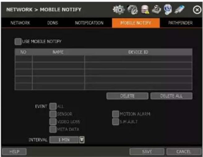 NETWORK > MOBILE NOTIFY NETWORK DDNS NOTIFICATION MOBILE NOTIFY PATHFINDER USE MOBILE NOTIFY NO NIME DEVICE ID EVENT ALL MOTION ALARM SENSOR SIMULT VIDEO LOSS META DATA INTERVAL 1 MIN DELETE DELETE ALL HELP SAVE CANCEL