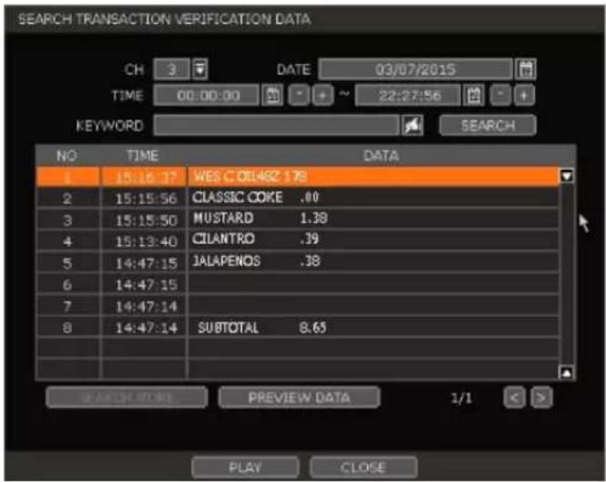 SEARCH TRANSACTION VERIFICATION DATA CH 3 DATE 03/07/2015 TIME 00:00:00 ~ 22:27:56 + KEYWORD SEARCH NO TIME DATA 1 15:16:37 WES C DUE492 1.78 2 15:15:56 CLASSIC COKE .00 3 15:15:50 MUSTARD 1.38 4 15:13:40 CILANTRO .39 5 14:47:15 JALAPENOS .38 6 14:47:15 7 14:47:14 8 14:47:14 SUBTOTAL 8.65 SEARCH MORE PREVIEW DATA 1/1 > PLAY CLOSE