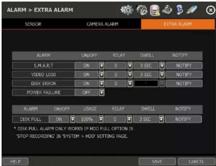 ALARM > EXTRA ALARM SENSOR CAMERA ALARM EXTRA ALARM ALARM ON/OFF RELAY DWELL NOTIFY S.M.A.R.T ON 0 3 SEC NOTIFY VIDEO LOSS ON 0 3 SEC NOTIFY DISK ERROR ON 0 - NOTIFY POWER FAILURE OFF ALARM ON/OFF USAGE RELAY DWELL NOTIFY DISK FULL ON 100% 0 3 SEC NOTIFY * DISK FULL ALARM ONLY WORKS IF HDD FULL OPTION IS: 'STOP RECORDING' IN 'SYSTEM > HDD' SETTING PAGE. HELP SAVE CANCEL