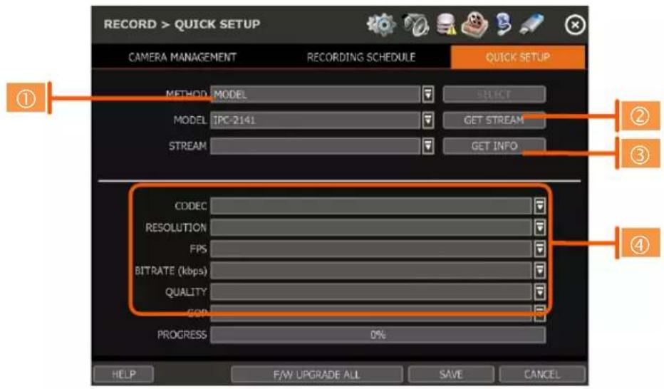 RECORD > QUICK SETUP CAMERA MANAGEMENT RECORDING SCHEDULE QUICK SETUP METHOD MODEL SELECT MODEL IPC-2141 GET STREAM STREAM GET INFO CODEC RESOLUTION FPS BITRATE (kbps) QUALITY GOD PROGRESS 0% HELP FAW UPGRADE ALL SAVE CANCEL