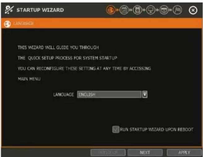 STARTUP WIZARD LANGUAGE THIS WIZARD WILL GUIDE YOU THROUGH THE QUICK SETUP PROCESS FOR SYSTEM STARTUP YOU CAN RECONFIGURE THESE SETTING AT ANY TIME BY ACCESSING MAIN MENU LANGUAGE ENGLISH RUN STARTUP WIZARD UPON REBOOT