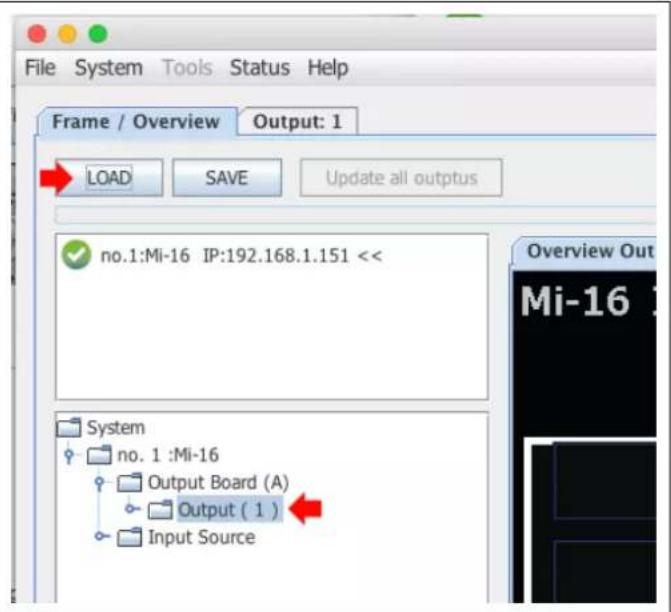 File System Tools Status Help Frame / Overview Output: 1 LOAD SAVE Update all outptus no.1:Mi-16 IP:192.168.1.151 << System no. 1 :Mi-16 Output Board (A) Output ( 1 ) Input Source Overview Out Mi-16