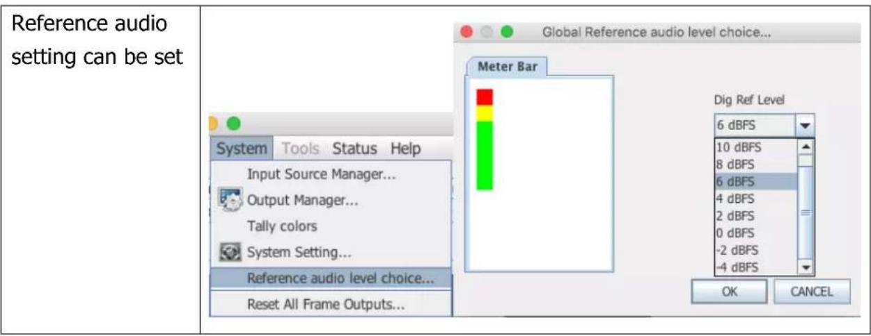 Reference audio setting can be set Global Reference audio level choice... Meter Bar System Tools Status Help Input Source Manager... Output Manager... Tally colors System Setting... Reference audio level choice... Reset All Frame Outputs... Dig Ref Level 6 dBFS 10 dBFS 8 dBFS 6 dBFS 4 dBFS 2 dBFS 0 dBFS -2 dBFS -4 dBFS OK CANCEL