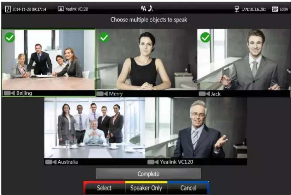 2014-11-28 09:37:14 Yealink VC120 LAN:10.3.6.201 SP 6004 Choose multiple objects to speak Beijing Merry Jack Australia Yealink VC120 Complete Select Speaker Only Cancel