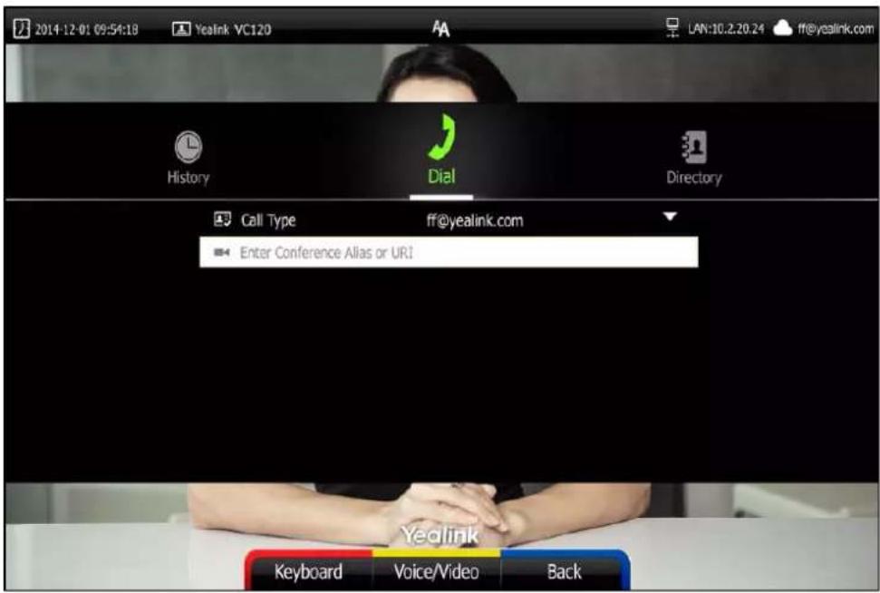 2014-12-01 09:54:18 Yealink VC120 LAN:10.2.20.24 ff@yealink.com History Dial Directory Call Type ff@yealink.com Enter Conference Alias or URI Yealink Keyboard Voice/Video Back