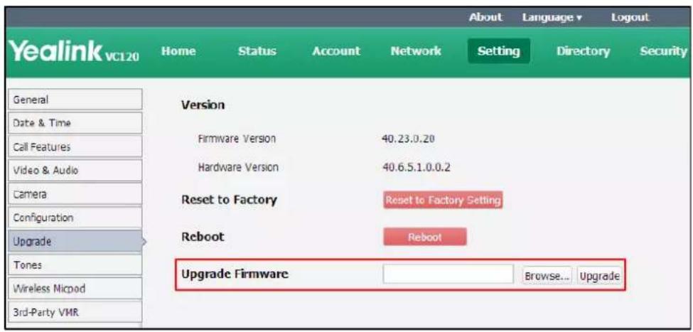 Yealink vc120 Home Status Account Network Setting Language Directory Security General Date & Time Call Features Video & Audio Camera Configuration Upgrade Tones Wireless Nicpod 3rd-Party VMR Version Firmware Version 40.23.0.20 Hardware Version 40.6.5.1.0.0.2 Reset to Factory Reset to Factory Setting Reboot Reboot Upgrade Firmware Browse... Upgrade