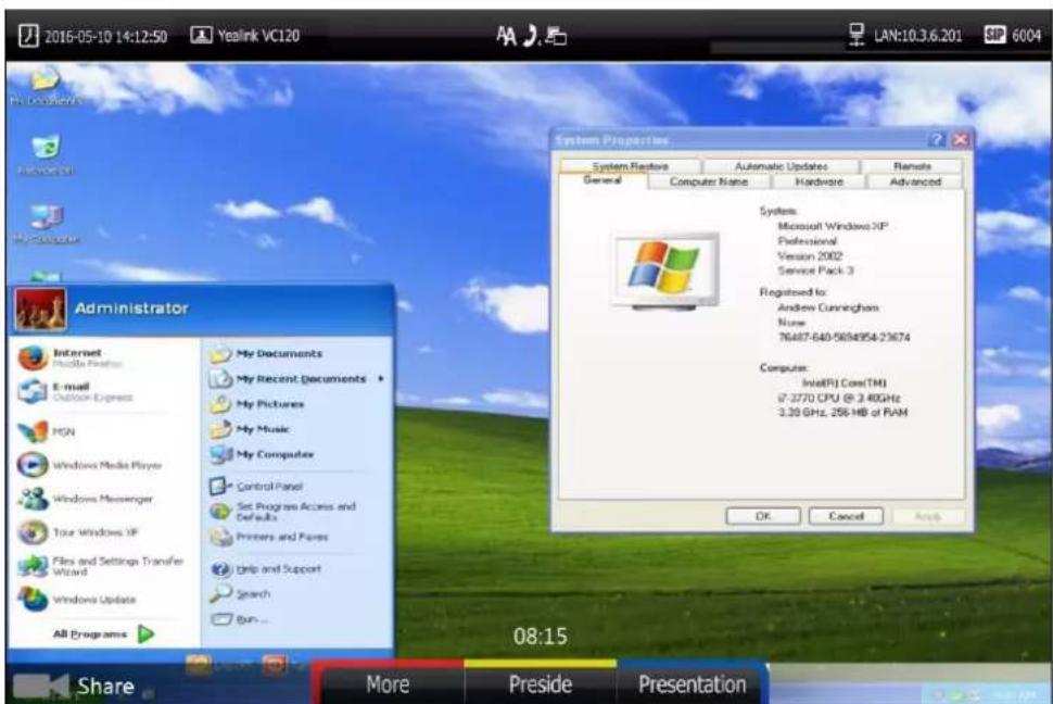 2016-05-10 14:12:50 Yealink VC120 LAN:10.3.6.201 6004 No Documents Microsoft My Documents Administrator Internet Mobile Files E-mail Outlook Express MSN Windows Media Player Windows Messenger Tour Windows XP Files and Settings Transfer Wizard Windows Update All Programs My Documents My Recent Documents My Pictures My Music My Computer Control Panel Set Program Access and Defaults Printers and Frames Help and Support Speech Run... System Properties System Restore Automatic Updates Remote General Computer Name Hardware Advanced Systems: Microsoft Windows XP Professional Version 2002 Service Pack 3 Registered to: Andrew Cunningham None 76487-640-5694954-23674 Computer: Intel(R) Core(TM) 27-3770 CPU @ 3.4GHz 3.39 GHz, 256 MB of RAM OK Cancel Apply Share More Preside Presentation