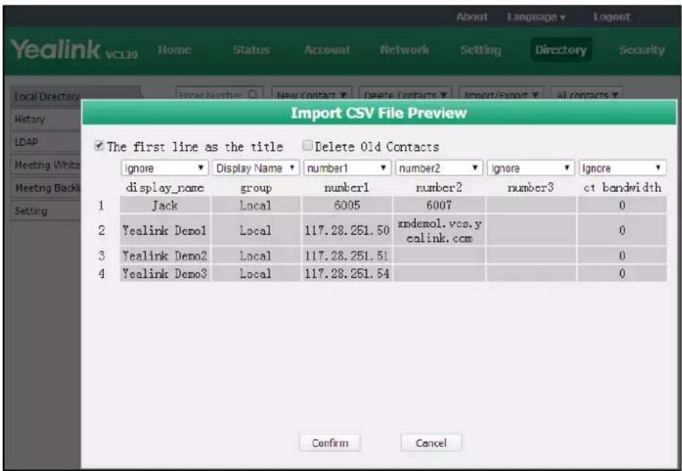 Import CSV File Preview The first line as the title Delete Old Contacts ignore Display Name number1 number2 ignore ignore display_name group number1 number2 number3 ct bandwidth Jack Local 6005 6007 0 Yealink Deno1 Local 117.28.251.50 xndenol.vcs.y calink.com 0 Yealink Deno2 Local 117.28.251.51 0 Yealink Deno3 Local 117.28.251.54 0 Confirm Cancel