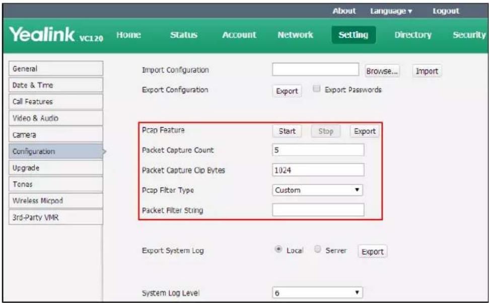 Yealink vci20 Home Status Account Network Setting About Language▼ Logout General Date & Time Call Features Video & Audio Camera Configuration Upgrade Tones Wireless Micpod 3rd-Party VMR Import Configuration Browse... Import Export Configuration Export Export Passwords Pcap Feature Start Stop Export Packet Capture Count 5 Packet Capture Clip Bytes 1024 Pcap Filter Type Custom Packet Filter String Export System Log Local Server Export System Log Level 6