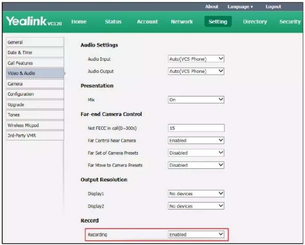 Yealink vc120 Home Status Account Network Setting About Language Logout Directory Security General Date & Time Call Features Video & Audio Camera Configuration Upgrade Tones Wireless Micpod 3rd-Party VMR Audio Settings Audio Input Auto(VCS Phone) Audio Output Auto(VCS Phone) Presentation Mix On Far-end Camera Control Not FECC in call(0~300s) 15 Far Control Near Camera Enabled Far Set of Camera Presets Disabled Far Move to Camera Presets Disabled Output Resolution Display1 No devices Display2 No devices Record Recording Enabled