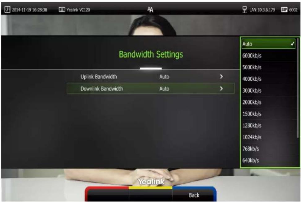 2014-11-19 16:28:38 Yealink VC120 LAN:10.3.6.179 SP 6002 Bandwidth Settings Uplink Bandwidth Auto > Downlink Bandwidth Auto > Auto 6000kb/s 5000kb/s 4000kb/s 3000kb/s 2000kb/s 1500kb/s 1280kb/s 1024kb/s 768kb/s 640kb/s Yealink Back