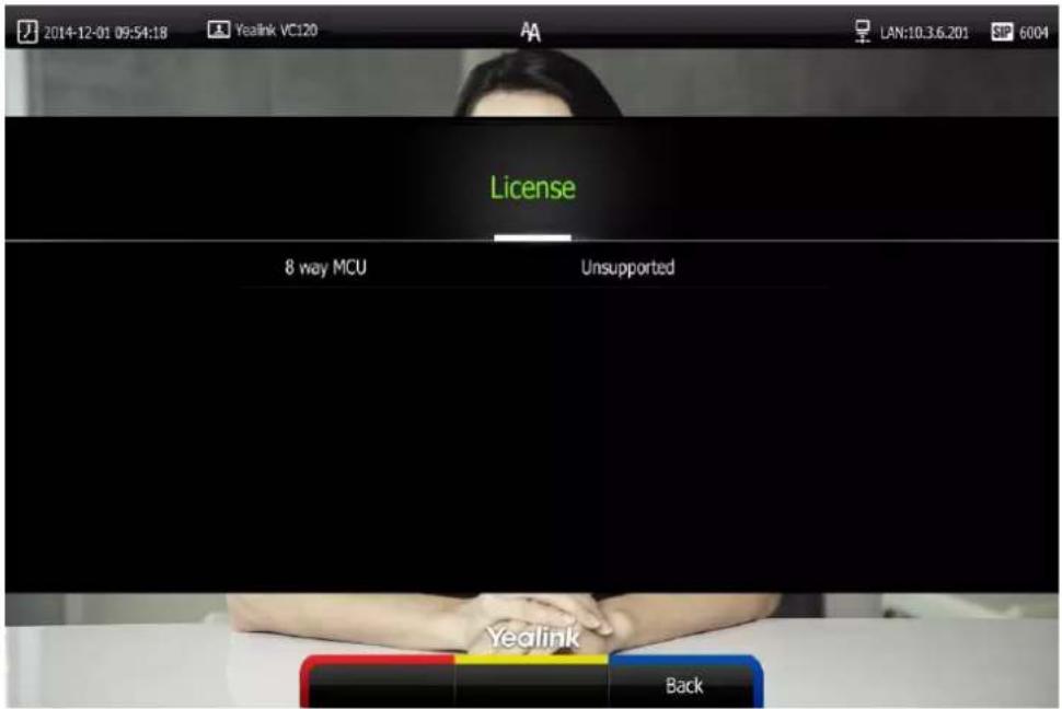 2014-12-01 09:54:18 Yealink VC120 AA LAN:10.3.6.201 SP 6004 License 8 way MCU Unsupported Yealink Back