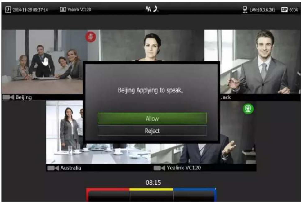 2014-11-28 09:37:14 Yealink VC120 LAN:10.3.6.201 6004 Beijing Applying to speak. Allow Reject Jack Australia Yealink VC120 08:15