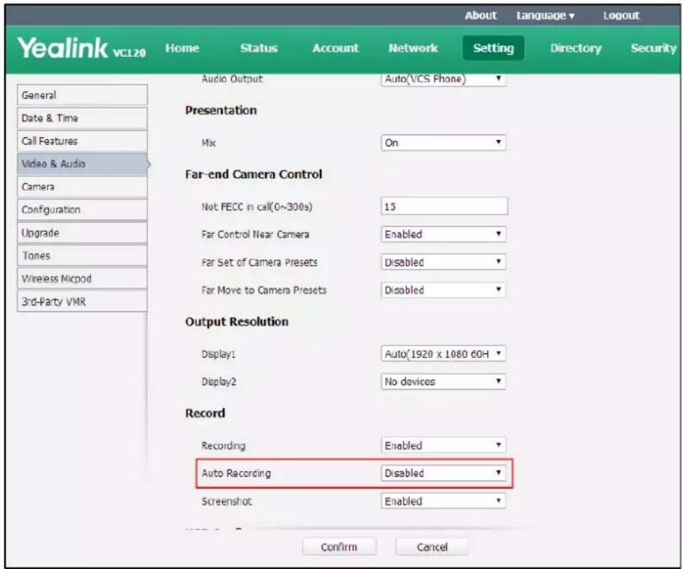 Yealink VC120 Home Status Account Network Setting About Language Logout Directory Security Audio Output Auto(VCS Phone) Presentation Mx On Far-end Camera Control Not FECC in call(0~300s) 15 Far Control Near Camera Enabled Far Set of Camera Presets Disabled Far Move to Camera Presets Disabled Output Resolution Display1 Auto(1920 x 1080 60H) Display2 No devices Record Recording Enabled Auto Recording Disabled Screenshot Enabled Confirm Cancel