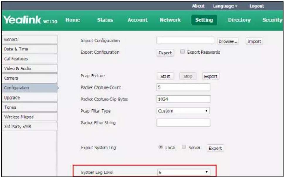 Yealink VC120 Home Status Account Network Setting About Language Logout Directory Security General Date & Time Call Features Video & Audio Camera Configuration Upgrade Tones Wireless Micpod 3rd-Party VMR Import Configuration Export Configuration Export Passwords Pcap Feature Start Stop Export Packet Capture Count: 5 Packet Capture Clip Bytes: 1024 Pcap Filter Type Custom Packet Filter String Export System Log Local Server Export System Log Level 6