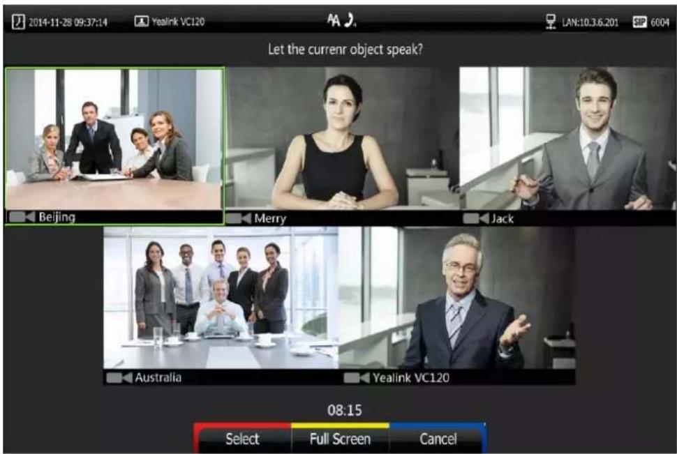 2014-11-28 09:37:14 Yealink VC120 LAN:10.3.6.201 6004 Let the currenr object speak? Beijing Merry Jack Australia Yealink VC120 08:15 Select Full Screen Cancel