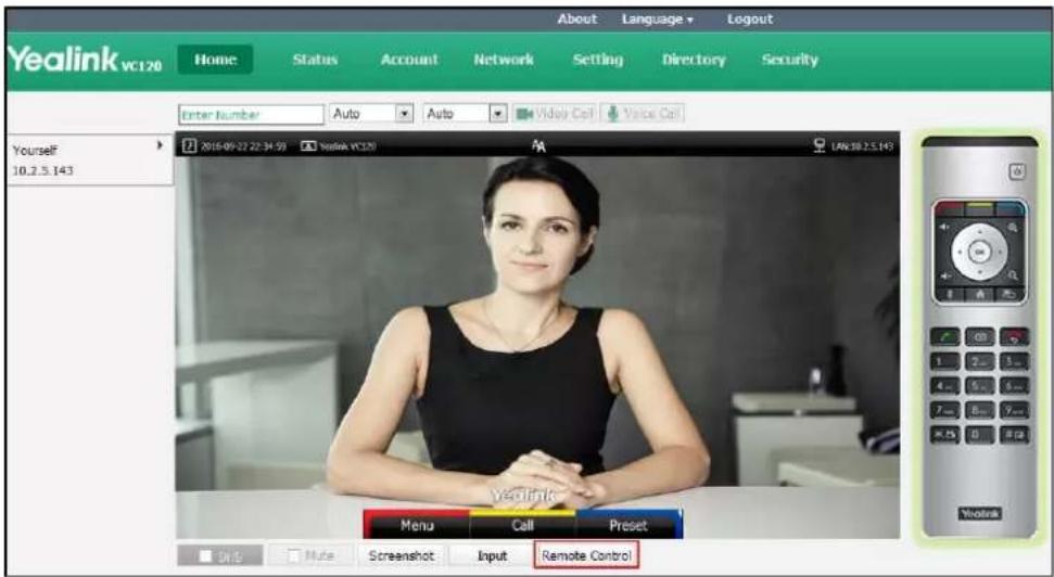 Yealink VC120 Home Status Account Network Setting Directory Security Enter Number Auto Auto Video Call Voice Call Yourself 10.2.5.143 2016-09-22 22:34:59 Yealink VC120 LAN:18.2.5.143 Yealink Menu Call Preset DUE Make Screenshot Input Remote Control