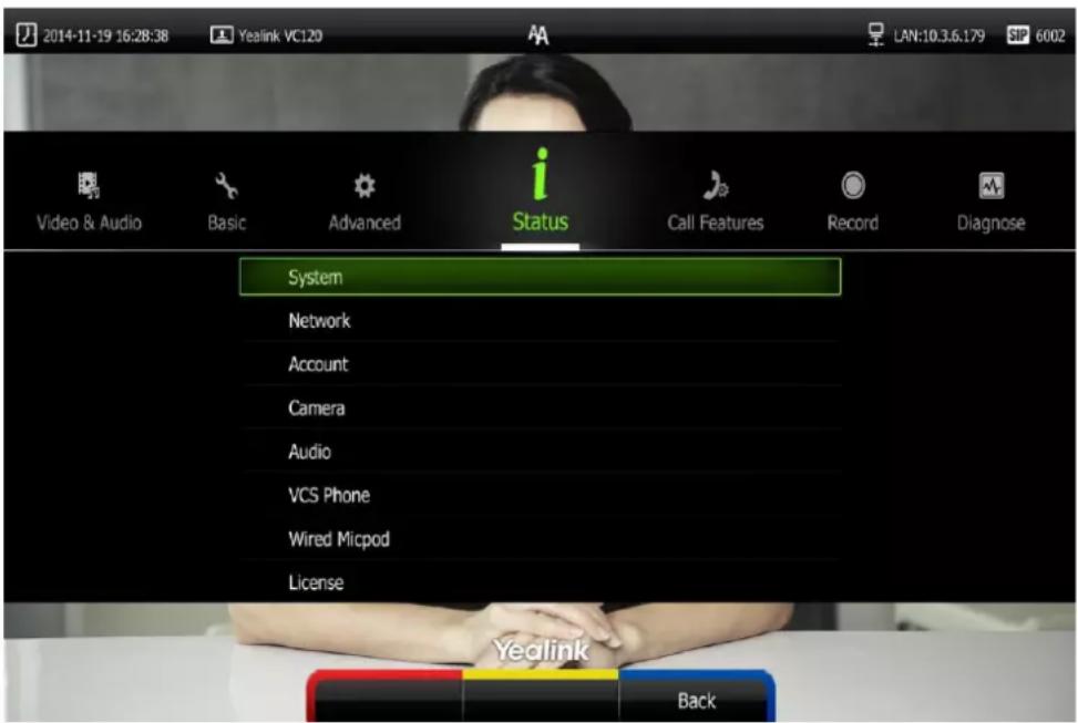 2014-11-19 16:28:38 Yealink VC120 Video & Audio Basic Advanced Status Call Features Record Diagnose System Network Account Camera Audio VCS Phone Wired Micpod License Yealink Back