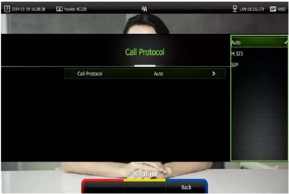 2014-11-19 16:28:38 Yealink VC120 AA LAN:10.3.6.179 SIP 6002 Call Protocol Auto H.323 SIP Call Protocol Auto Yealink Back