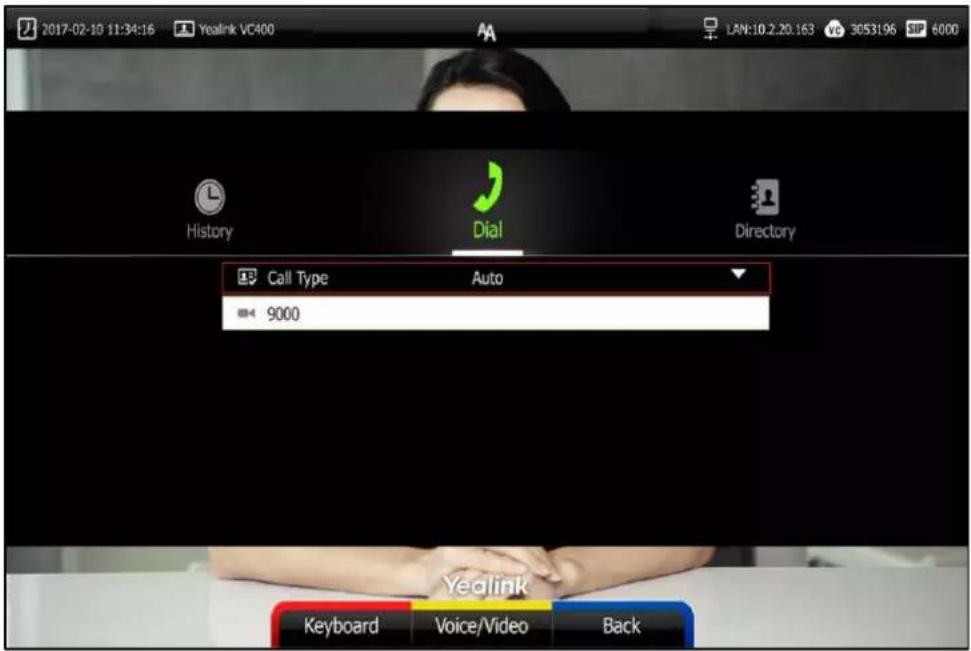 2017-02-10 11:34:16 Yealink VC400 LAN:10.2.20.163 30531:96 SP 6000 History Dial Directory Call Type Auto 9000 Yealink Keyboard Voice/Video Back