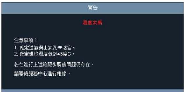警告 溫度太高 注意事項： 1. 確定進氣與出氣孔未堵塞。 2. 確定環境溫度低於45度C。 若在進行上述確認步驟後問題仍存在， 請聯絡服務中心進行維修。