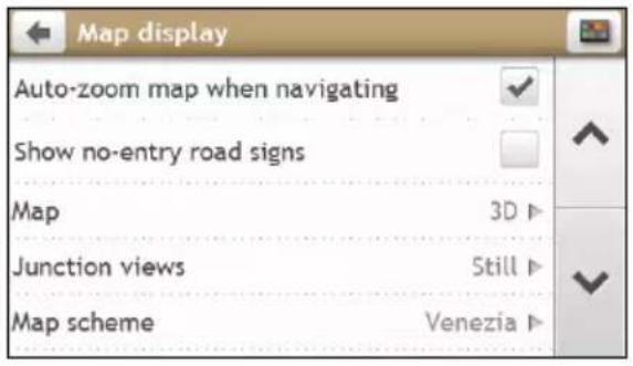 Map display Auto-zoom map when navigating Show no-entry road signs Map 3D Junction views Still Map scheme Venezia