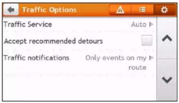 Traffic Options Traffic Service Auto ▶ Accept recommended detours Traffic notifications Only events on my route