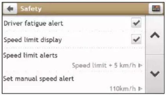 Safety Driver fatigue alert Speed limit display Speed limit alerts Speed limit + 5 km/h ▶ Set manual speed alert 110km/h ▶