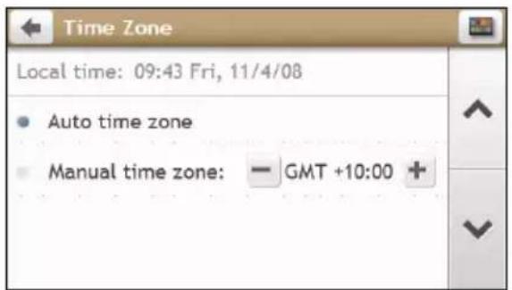 Time Zone Local time: 09:43 Fri, 11/4/08 • Auto time zone ■ Manual time zone: — GMT +10:00 +