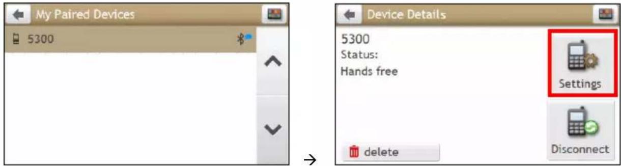 My Paired Devices 5300 Device Details 5300 Status: Hands free Settings delete Disconnect