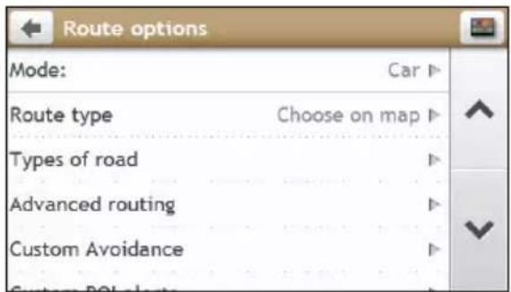 Route options Mode: Car ▶ Route type Choose on map ▶ Types of road Advanced routing Custom Avoidance