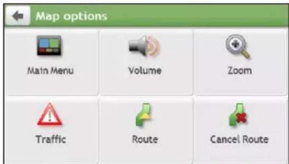 Map options Main Menu Volume Zoom Traffic Route Cancel Route